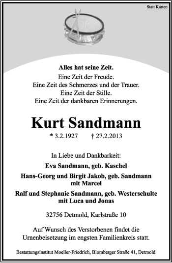 Anzeige  Kurt Sandmann  Lippische Landes-Zeitung