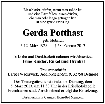 Anzeige  Gerda Potthast  Lippische Landes-Zeitung