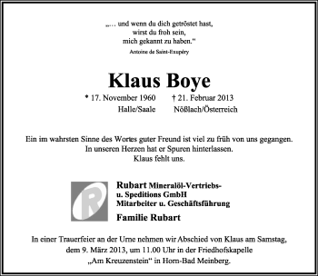 Anzeige  Klaus Boye  Lippische Landes-Zeitung