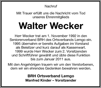Anzeige  Walter Wecker  Lippische Landes-Zeitung