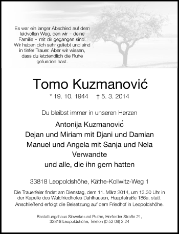 Anzeige  Tomo Kuzmanovic  Lippische Landes-Zeitung