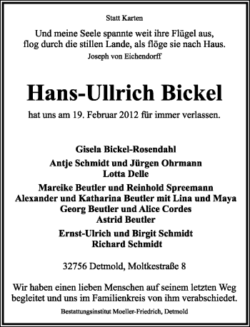 Anzeige  Hans-Ullrich Bickel  Lippische Landes-Zeitung