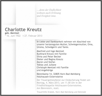 Anzeige  Charlotte Kreutz  Lippische Landes-Zeitung