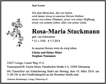 Anzeige  Rosa Maria Stuckmann  Lippische Landes-Zeitung