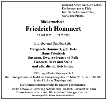 Anzeige  Friedrich Hommert  Lippische Landes-Zeitung