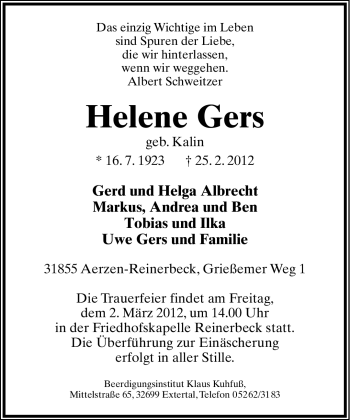 Anzeige  Helene Gers  Lippische Landes-Zeitung