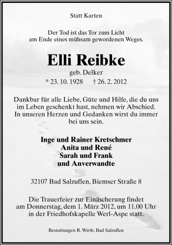 Anzeige  Elli Reibke  Lippische Landes-Zeitung