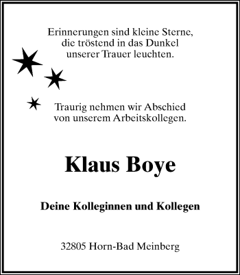 Anzeige  Klaus Boye  Lippische Landes-Zeitung