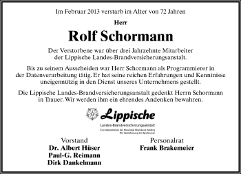 Anzeige  Rolf Schormann  Lippische Landes-Zeitung