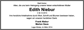 Anzeige  Edith Niebur  Lippische Landes-Zeitung