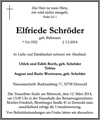 Anzeige  Elfriede Schröder  Lippische Landes-Zeitung