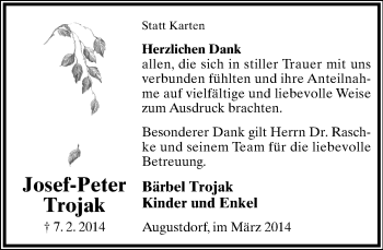 Anzeige  Josef-Peter Trojak  Lippische Landes-Zeitung