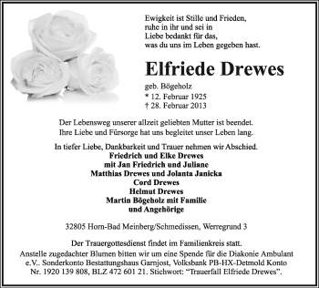 Anzeige  Elfriede Drewes  Lippische Landes-Zeitung