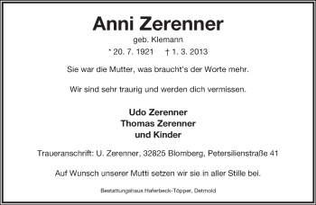 Anzeige  Anni Zerenner  Lippische Landes-Zeitung