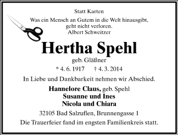 Anzeige  Hertha Spehl  Lippische Landes-Zeitung