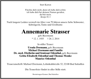 Anzeige  Annemarie Strasser  Lippische Landes-Zeitung