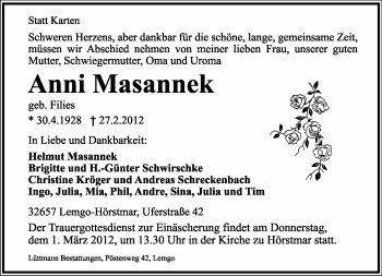 Anzeige  Anni Masannek  Lippische Landes-Zeitung