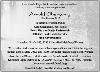 Anzeige  Arnold Oberkönig  Lippische Landes-Zeitung
