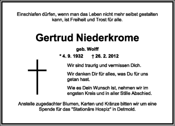 Anzeige  Gertrud Niederkrome  Lippische Landes-Zeitung