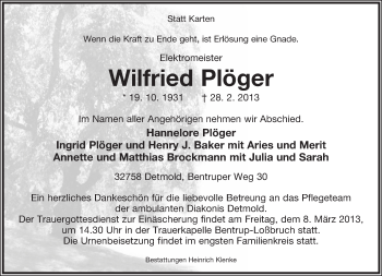 Anzeige  Wilfried Plöger  Lippische Landes-Zeitung