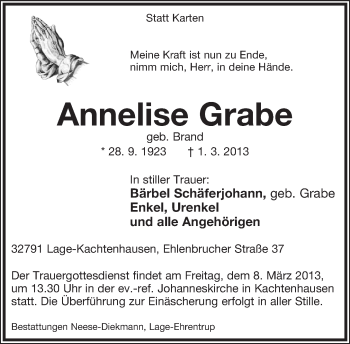 Anzeige  Annelise Grabe  Lippische Landes-Zeitung