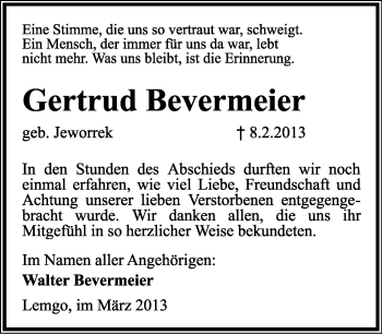 Anzeige  Gertrud Bevemeier  Lippische Landes-Zeitung