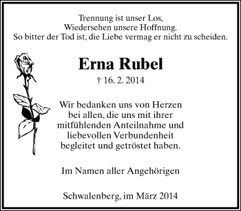Anzeige  Erna Rubel  Lippische Landes-Zeitung