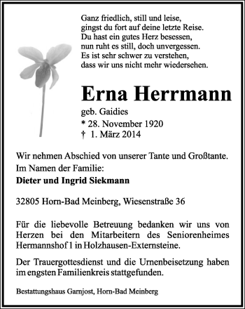 Anzeige  Erna Herrmann  Lippische Landes-Zeitung