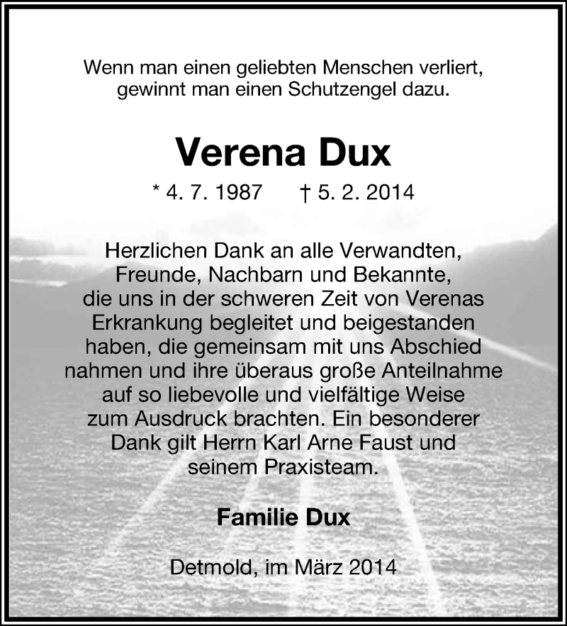  Traueranzeige für Verena Dux vom 08.03.2014 aus Lippische Landes-Zeitung