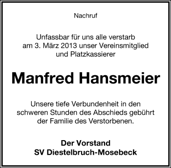 Anzeige  Manfred Hansmeier  Lippische Landes-Zeitung