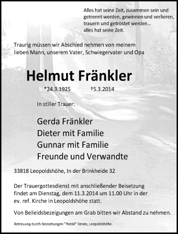 Anzeige  Helmut Fränkler  Lippische Landes-Zeitung