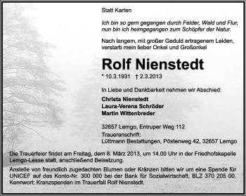 Anzeige  Rolf Nienstedt  Lippische Landes-Zeitung