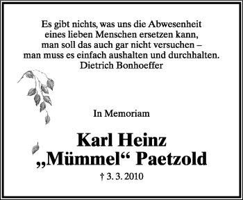 Anzeige  Karl Heinz Paetzold  Lippische Landes-Zeitung
