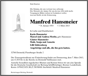 Anzeige  Manfred Hansmeier  Lippische Landes-Zeitung