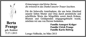 Anzeige  Berta Prange  Lippische Landes-Zeitung