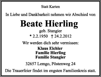 Anzeige  Beate Hierling  Lippische Landes-Zeitung