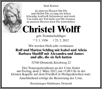 Anzeige  Christel Wolff  Lippische Landes-Zeitung
