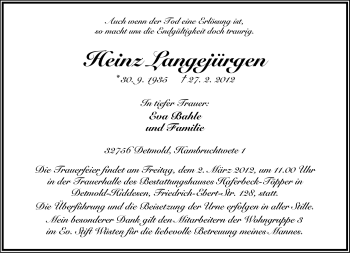 Anzeige  Heinz Langejürgen  Lippische Landes-Zeitung