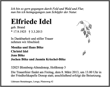Anzeige  Elfriede Idel  Lippische Landes-Zeitung