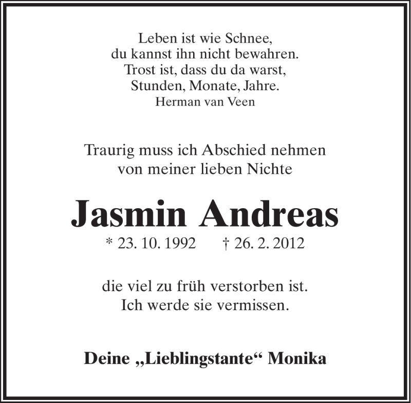  Traueranzeige für Jasmin Andreas vom 29.02.2012 aus Lippische Landes-Zeitung