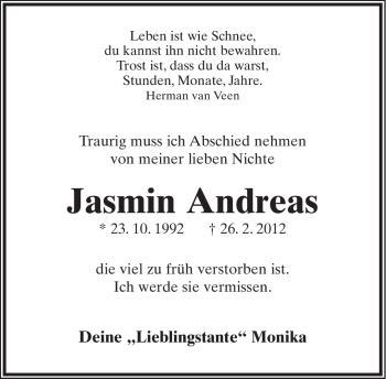 Anzeige  Jasmin Andreas  Lippische Landes-Zeitung