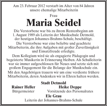 Anzeige  Maria Seidel  Lippische Landes-Zeitung