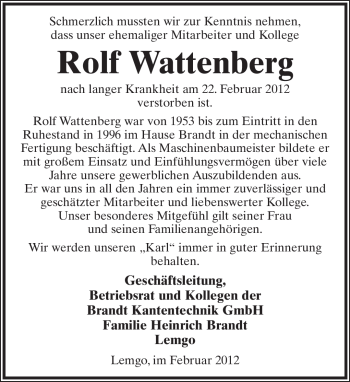 Anzeige  Rolf Wattenberg  Lippische Landes-Zeitung
