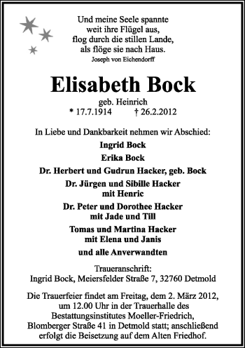 Anzeige  Elisabeth Bock  Lippische Landes-Zeitung