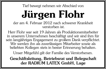 Anzeige  Jürgen Flohr  Lippische Landes-Zeitung