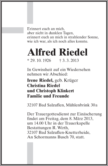 Anzeige  Alfred Riedel  Lippische Landes-Zeitung