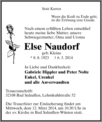 Anzeige  Else Naudorf  Lippische Landes-Zeitung