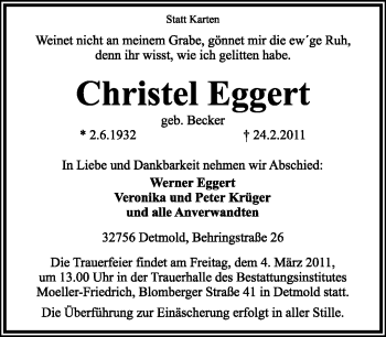 Anzeige  Christel Eggert  Lippische Landes-Zeitung
