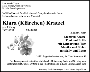 Anzeige  Klara Kratze  Lippische Landes-Zeitung