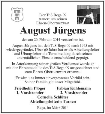 Anzeige  August Jürgens  Lippische Landes-Zeitung